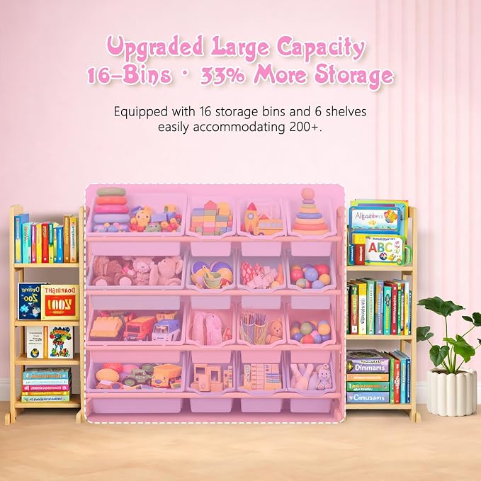 Kids Toy Storage Organizer with Bookshelf – Wooden Shelf with 16 Bins & 6 Shelves, Quick Assembly Storage Rack for Playroom, Bedroom, Nursery – Colorful - Image 5