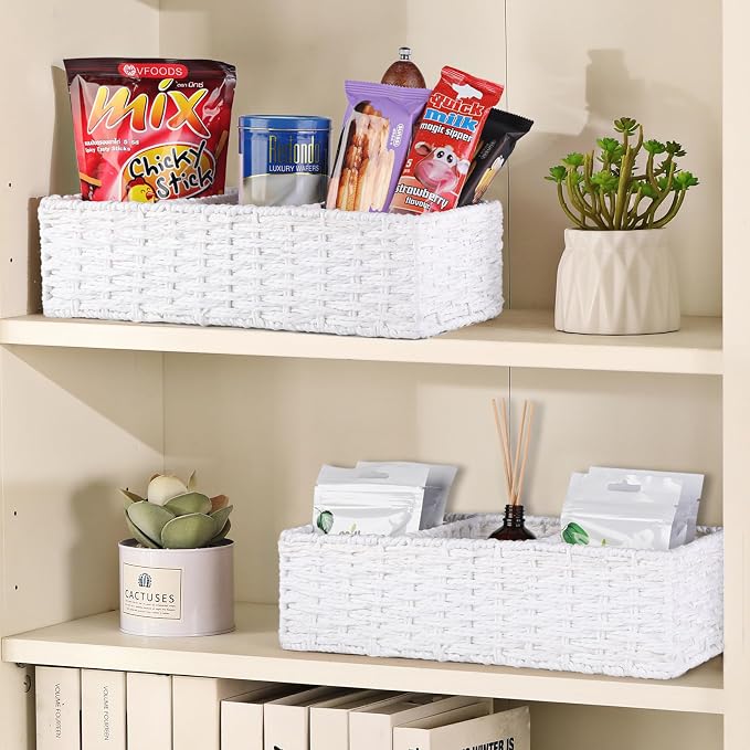 3 Section Wicker Storage Basket, White Wicker Baskets for Storage, Toilet Tank Basket, Small Baskets for Organizing for Shelves, 2-Pack - Image 4