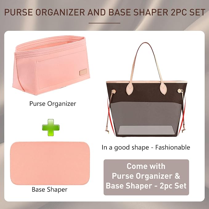 Purse Organizer Insert for Handbags & Base Shaper 2pc Set, Felt Neverfull MM Organizer Insert, Tote Bag Organizer with Zipper Pocket and Bottle Holder, Fit Speedy 30 Neverfull MM and More,Pink-L - Image 3