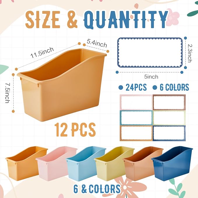 Geetery 12 Pcs Book Bin for Classroom with Labels Stackable Plastic Organizing Bins 11.5 x 5.4 x 7.5 in Book Holders Storage Bins Box Baskets for Classroom Library Home (Boho Color) - Image 2