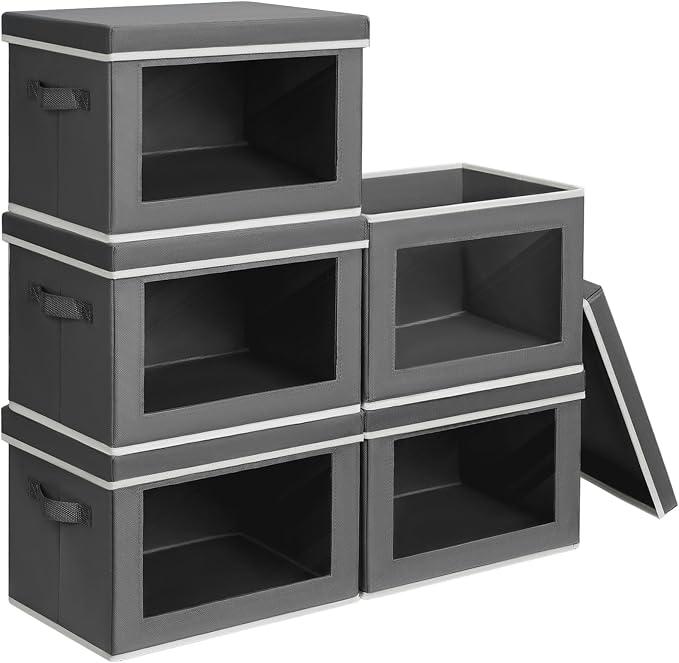 Stackable Storage Bins with Lids - Large Decorative Basket with Lids, Fabric Foldable Closet Organizer Bins, Shelf Organizer for Living Room, Dorm, 5 Pack, Dark Grey by Homsorout
