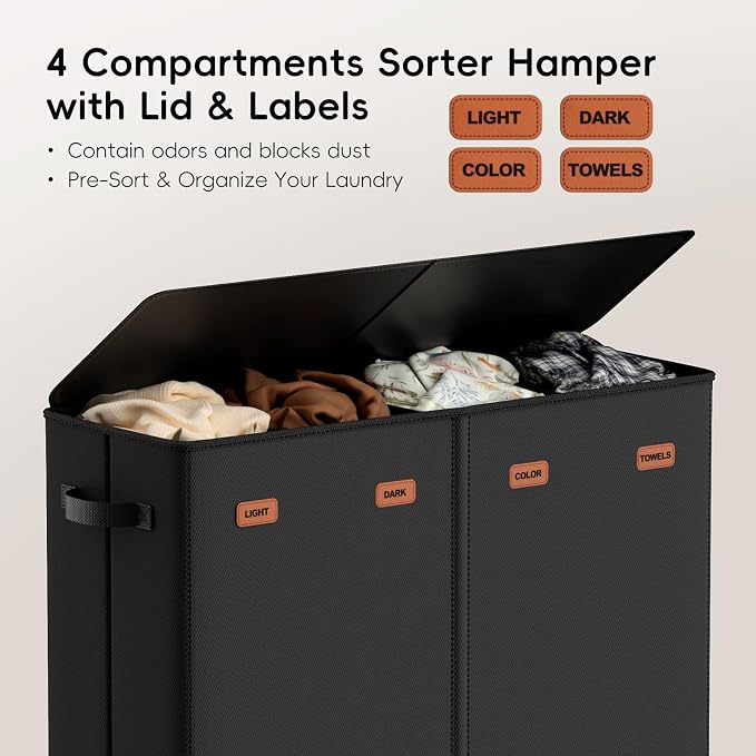 185L Laundry Hamper 4 Section with Lid | 4 Removable Bags + 1 Extra Large Bag, Switchable 3/4 Compartment, Laundry Basket Organizer for Bedroom, Laundry Room - Image 4
