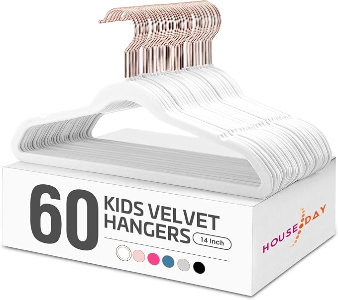 HOUSE DAY Velvet Kids Hangers 60 Pack, Premium Childrens Hangers for Closet | White Ultra Thin Cute Clothes Hanger, Non Slip Small Felt Hanger 14 Inch for Kids Clothes +360° Swivel Rose Gold Hook by HOUSEDAY