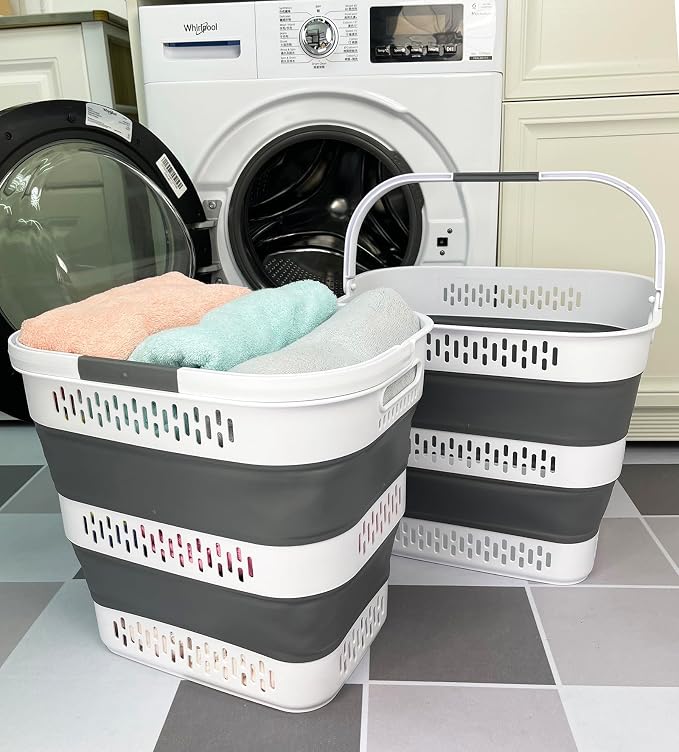 SAMMART 40L (10.5 Gallon) Collapsible Plastic Laundry Basket with Handles - Foldable Pop Up Storage Container/Organizer - Portable Laundry Hamper - Space Saving (2, White/Steel Grey) - Image 4