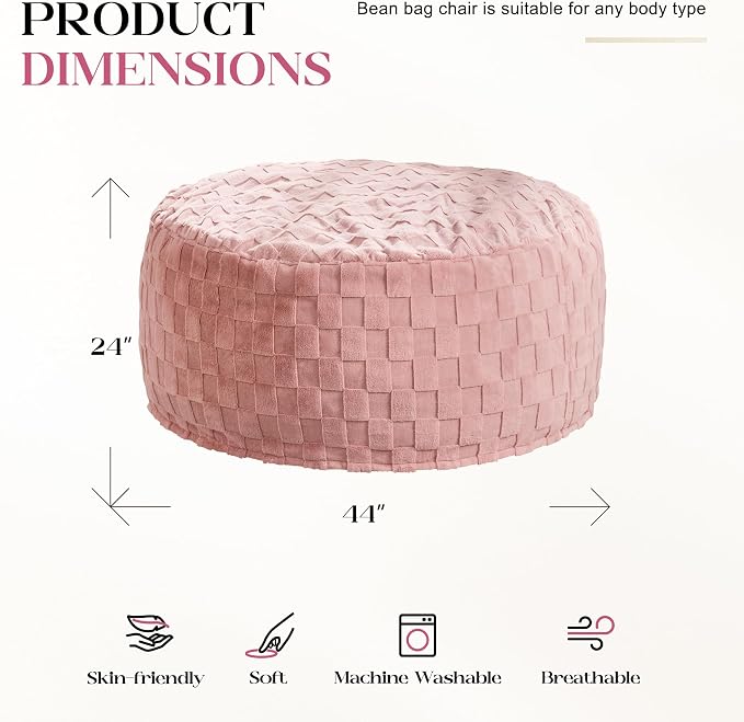 Hobestluk Adults Bean Bag Chair 4FT Big BeanBag Chair Extra Large Oversized | Memory Foam,Washable Cover,Unique Fluffy Plaid,Comfy Big Bean Bag with Filler Lounging Reading Bedroom Living Room | Pink 4FT - Image 2