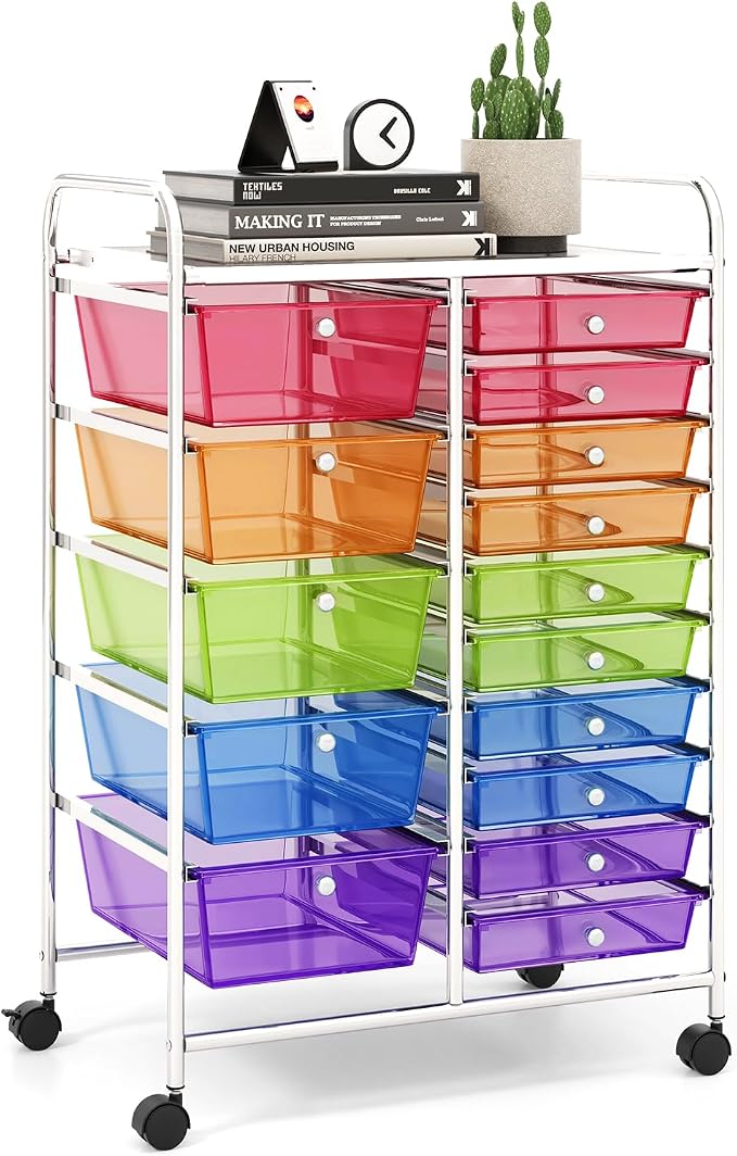 15 Drawer Rolling Storage Cart, Rolling Cart with Drawers for Classroom, Art Supply Craft Organizer on Wheel with Metal Frame & Handles for Home Office School by LDAILY