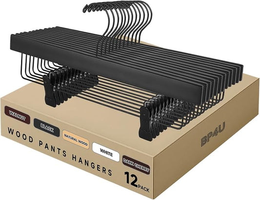 14" Wood Pants Hangers with Adjustable Non-Slip Clips, Black, 12-Pack | Solid Wood Material, Bottom Hangers with 360° Swivel Hook, Space Saving Hangers for Skirts, Slacks, Trousers, Jeans by BP4U%E2%84%A2