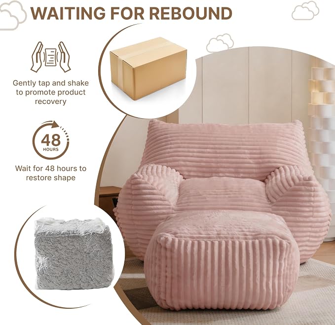 Oversized Bean Bag Chair with Ottoman, Bean Bag Couch with 2 Side Pockets, Corduroy Boneless Couch Chair in a Box, Comfy Lounge Chair for Living Room, Bedroom, Dorm, Pink - Image 9