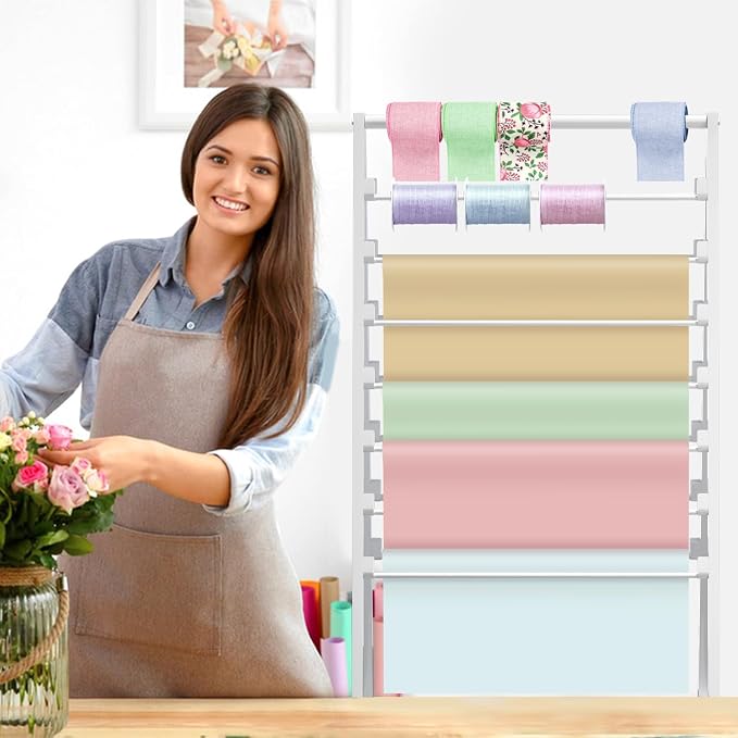 Ribbon Holder,Ribbon Organizer,15 Tier Ribbon Holder Organizer Rack,Double-Sided Gift Wrapping Craft Ribbon Storage Shelf for Craft Room Cake Shop Flower Store,White - Image 2