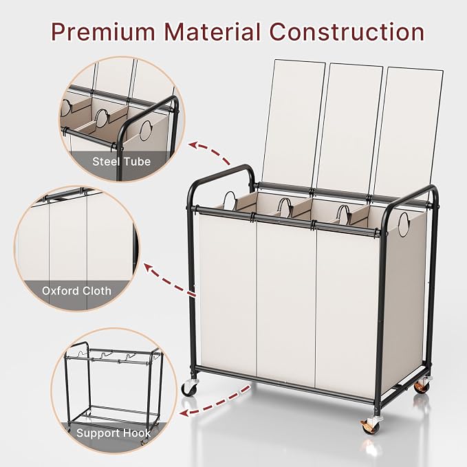180L Laundry Sorter 3 Section with Lockable Wheels and Lid White | 3 Large Separate Removable Bags | Heavy Duty Rolling Laundry Basket | Laundry Hamper Cart for Laundry Room Organizer - Image 8