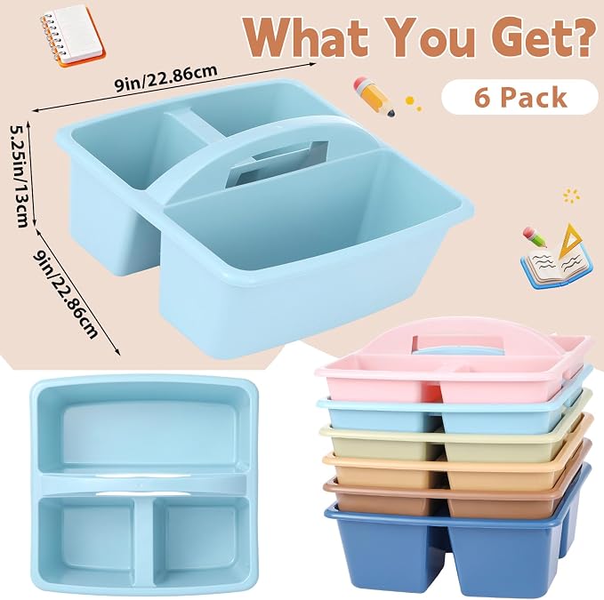 gisgfim 6 Pack Classroom Caddy with Handle Plastic Storage Caddy Organizer with 3 Compartments Desk Caddies Holder Portable Storage Bin for Pencil, Crayon, Marker, Home, Office, School Supply(Retro) - Image 2
