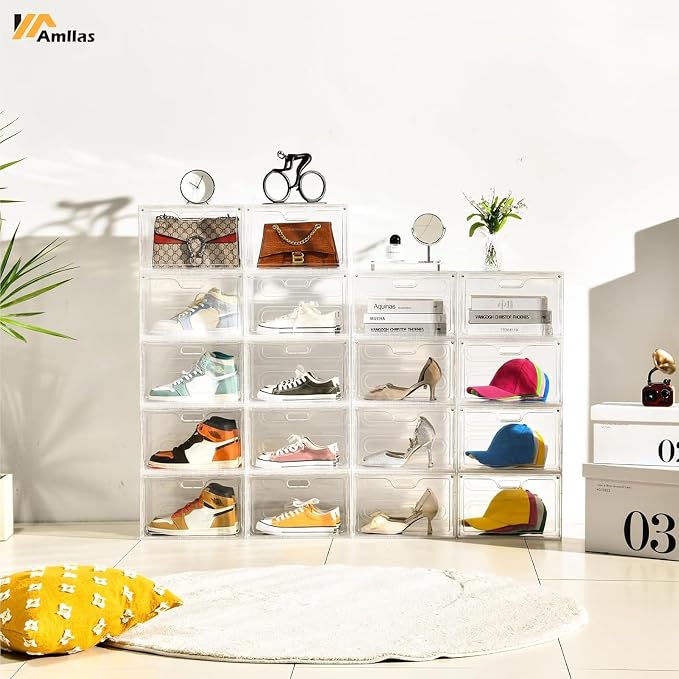 Amllas 8 Pack Shoe Boxes Clear Plastic Stackable, Large Shoe Storage Organizer with Lids,Drop Side Shoe Containers for Entryway,Sneaker Storage Fit up to US Size 13 (13’’x 10.6”x 8.3”) - Image 5