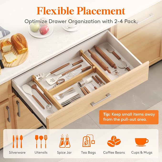 Lifewit 2.4" Kitchen Drawer Dividers, Adjustable Bamboo Drawer Organizers | 8 Pack 13"-16.5" Expandable Drawer Separator for Clothes, Utensils, Dresser, Cabinet, Closet, Nursery Organization & Storage - Image 6