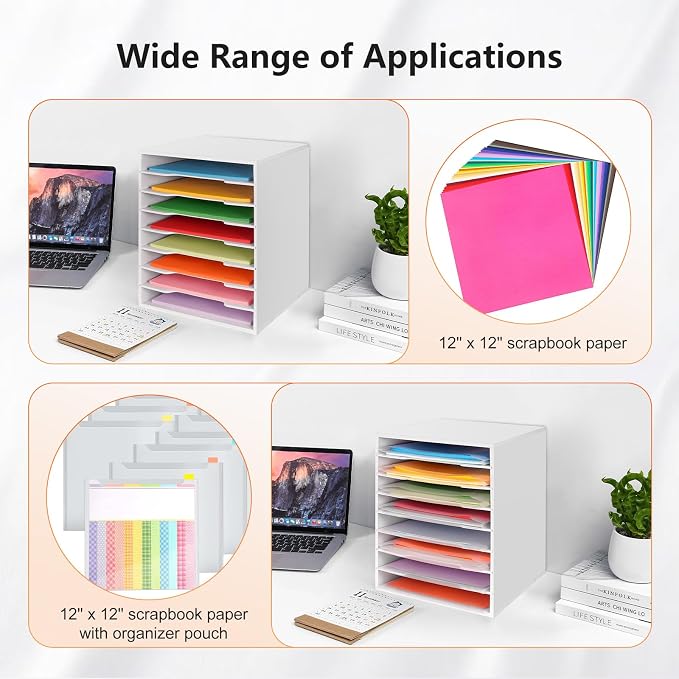 Krafetto 8 Large Slots Scrapbook Paper Storage Organizer Rack | Holding 12 x 12 Paper Storage Pouch, Desktop Papers Organizer Holder, File Sorter for Home, Office, School - Image 3