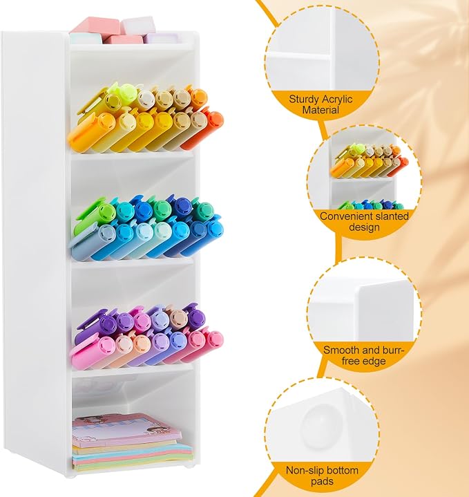 MotiMind Acrylic Pen and Marker Organizer for 50 Markers | 5 Compartments, Vertical Marker Pencil Organizer, Acrylic Pen Display Holder, Art Supply Storage for Desk Stationery, White - Image 3