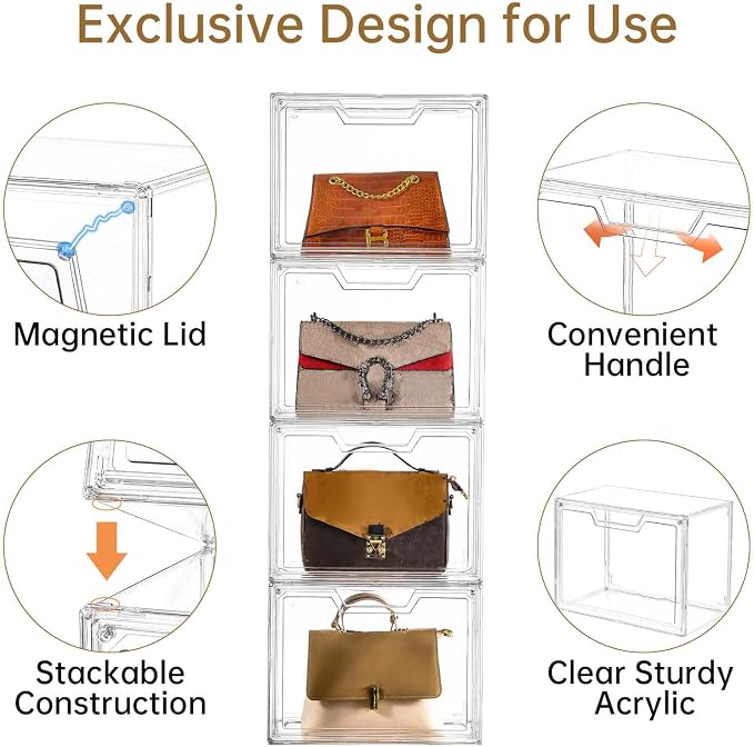 Freebat Stackable Storage Organizers, Clear Acrylic Display Case, 9-Pack Acrylic Boxes with Lids, Clear Storage Containers Storage for Handbags, Collectibles & Figures - Image 7