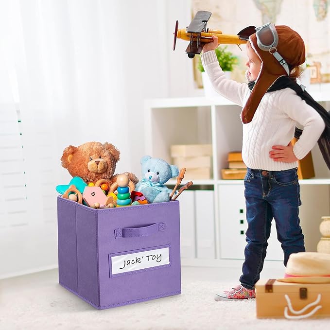 13x13x13 storage cube bins (Set of 10) Fabric storage cubes with 10 Labels Window Cards & a Pen, storage cubes 13x13, Collapsible 13 inch cube storage bins, Cubby Organizer Boxes, Purple - Image 5