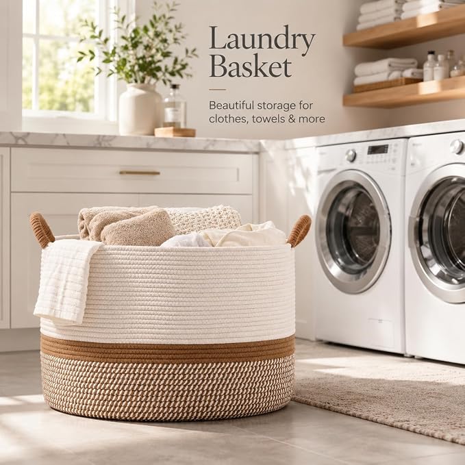 KAKAMAY Large Blanket Basket with Handles, Storage Basket for Living Room | Extra Large Capacity | Blanket Storage | Laundry Basket | Natural Cotton Rope | Stuffed Animal Storage | Woven Storage Basket - Image 5