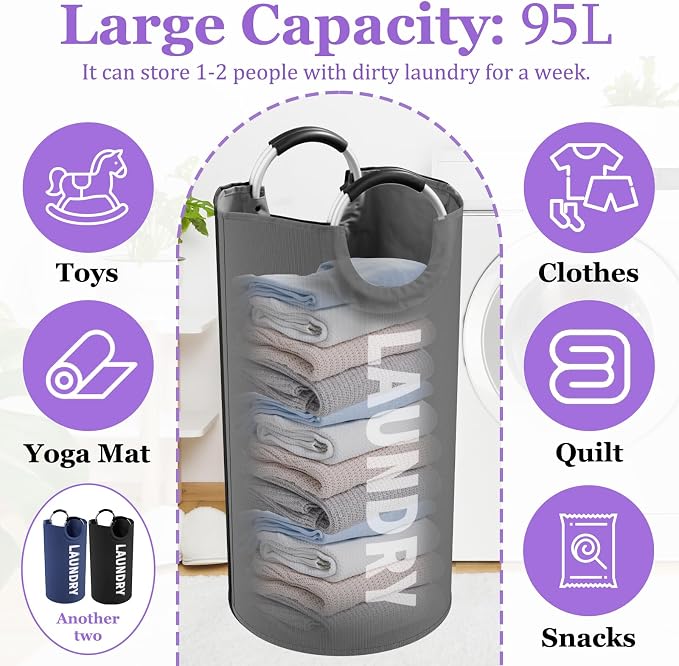 95L Foldable Laundry Basket, Large Freestanding Laundry Hamper for Bedroom | IHOMAGIC Portable Laundry Bin, Fabric Storage Baskets with Handles for Bathroom, Dorm, Black+Gray+Navy Blue - Image 3