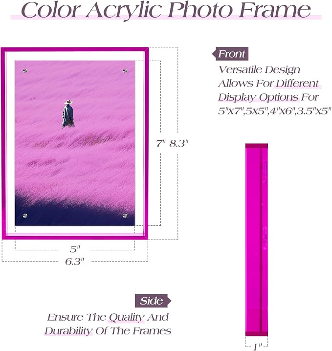 5x7 Picture Frame Acrylic Magnetic Wall Mounting/Self Standing Frame | Wall Hanging/Tabletop Display, Fits 5x7/5x5/4x6, Colored Floating Picture Frame, Horizontal and Vertical (Purple, 1 Pack) - Image 2
