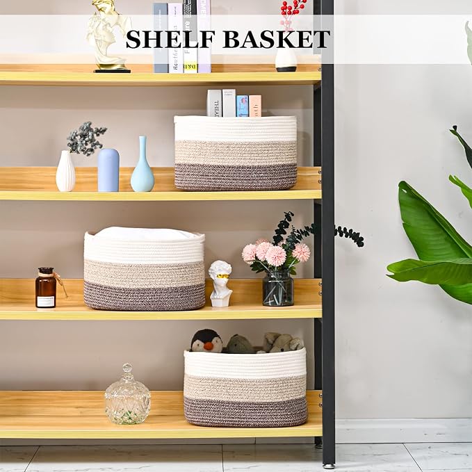 Cotton Rope Storage Baskets for Organizing - 3 Pack, 15"x10"x9" Woven Baskets for Storage, Shelf, Towel, Toys, Nursery, Laundry (White/Brown) - Image 3