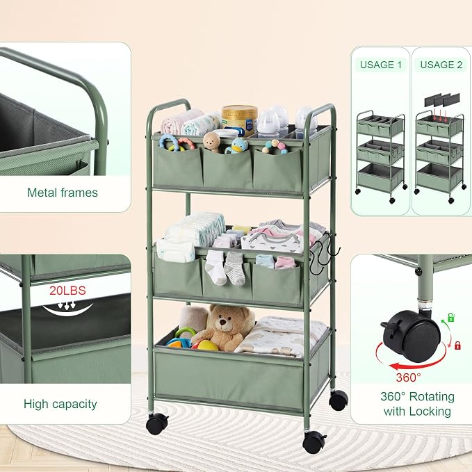 WILLBOND 3 Tier Green Baby Diaper Caddy Organizer Cart with 4+3 Dividers Large Capacity Metal Utility Bedside Rolling Cart Newborn Registry Nursery Essential Must Have Crib Bedroom Baby Shower - Image 3