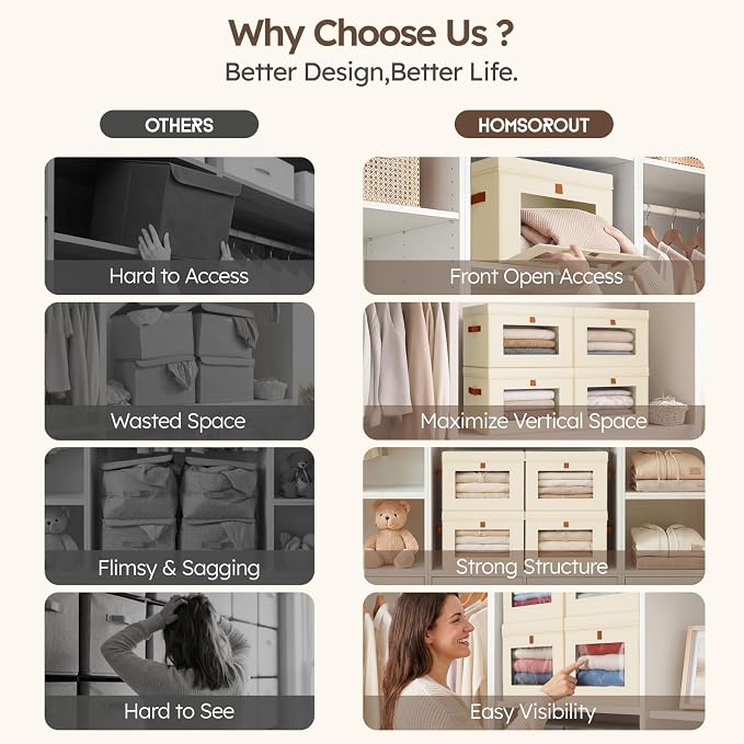 Storage Bins with Lids - Front Opening Storage Box with Clear Window & Handles, Stackable Foldable Fabric Bins for Closet Organization, Clothes, Sweaters, Towels, Blankets, 3 Pack, Beige - Image 7