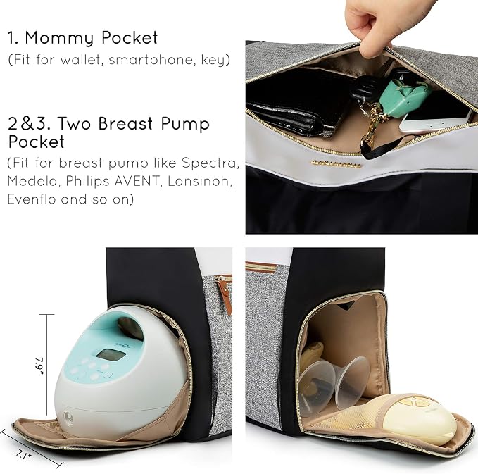 mommore Breast Pump for Spectra S1/S2 & Medela, Diaper Bag Travel Tote | Pumping Tote Bag with Insulated Pockets, Work Bag for Breastfeeding Mom with 15" Laptop Sleeve & Changing Pad - Image 4