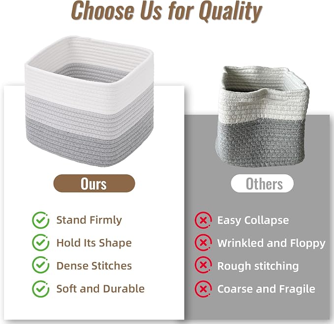 3 Pack Cube Storage Bin, 9”x9”x7” Cotton Rope Woven Baskets for Organizing Toys Clothes Towels, Square Gift Storage Baskets for Shelves, Nursery, Closet, Bathroom, Pantry (Gradient Grey) - Image 9