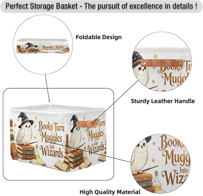 Magic Nursery Decor Baby Basket Large Blue Hat Wand Basket Owl Kid Gift Collapsible Book Shelf Clothes Rectangle Toy Bin 15"x11"x9.5" Set of 2 - Image 4