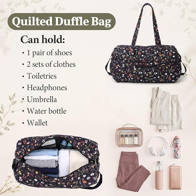 Dansydaisy Quilted Weekender Bag for Women with Makeup Pouch, Black Floral | Large Duffle Bag, Trolley Compartment & Zipper Pocket, Adjustable Carry Strap, for Mommy Dancers Travel Gym Hospital - Image 4