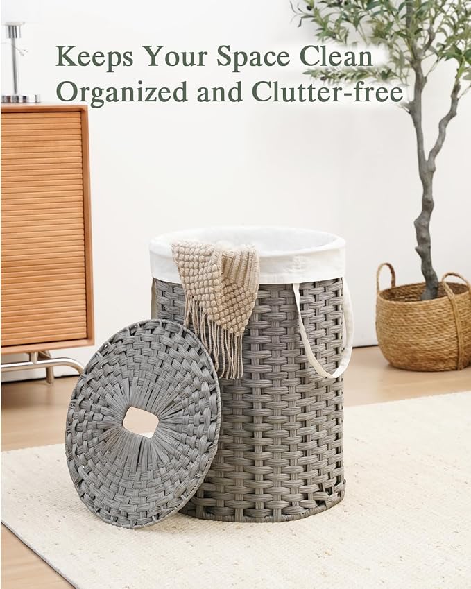 SETVSON Laundry Basket with Lid 23.8 Gal Round Laundry Hamper Grey | The lid hides dirty clothes, keeping spaces neat and fresh. 90 L Large Capacity, Stylish Design with Handles Easy Transport - Image 6
