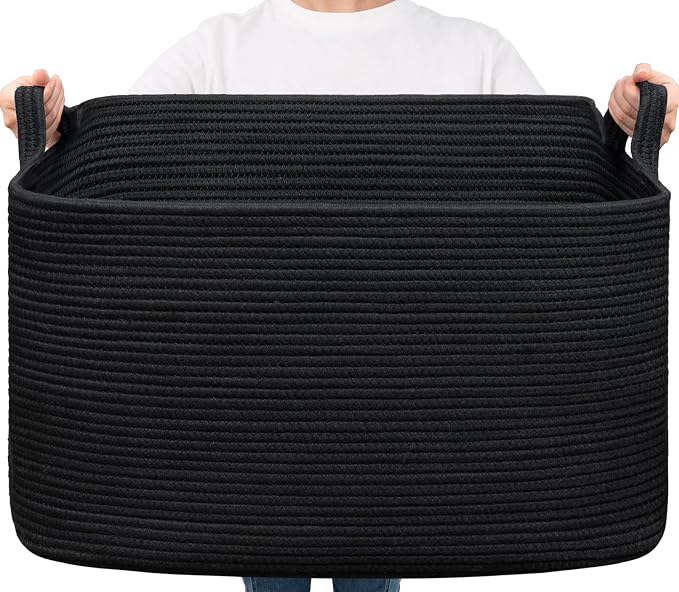 Goodpick 85L Large Woven Rope Blanket Basket, Rectangle, Black | 23.6'' x 15.7'' x 13.8'' Storage Basket for Blankets, Pillows & Toys, Living Room & Bedroom Organization, Reinforced Handles by Goodpick