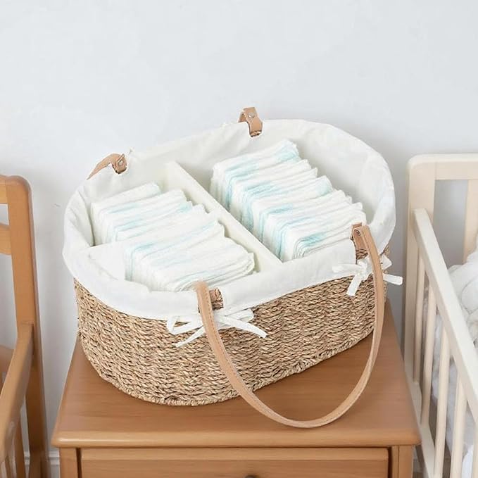 Seagrass Wicker Diaper Caddy,Woven Baby Organizer for Nursery | Woven diaper caddy with PU Handles& Detachable Lining for Newborn Bath, clothes,Cute Registry Must Have for Baby Gifts - Image 2