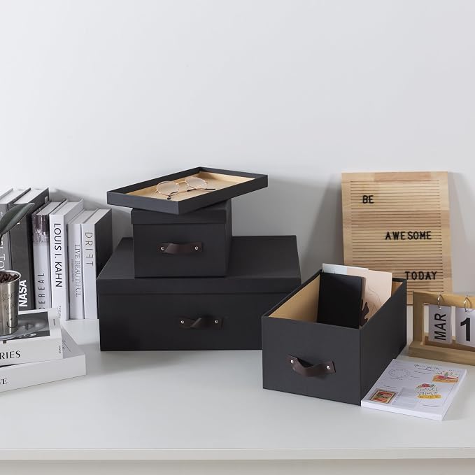 Soul & Lane - Decorative Storage Boxes with Handles, Set of 3, Dark Gray | Sturdy Cardboard Photo Organizers with Lids for Office and Home, Grey Nesting Storage Containers for Documents and Decor - Image 5