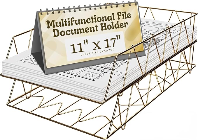 Performore 11x17 Stackable Metal Paper Tray Organizer, 2-Tier Wire Desk Trays for Office & Home, Gold File Holder for Documents, Mail, Folders & Tabloid-Size Paper by RingBinder