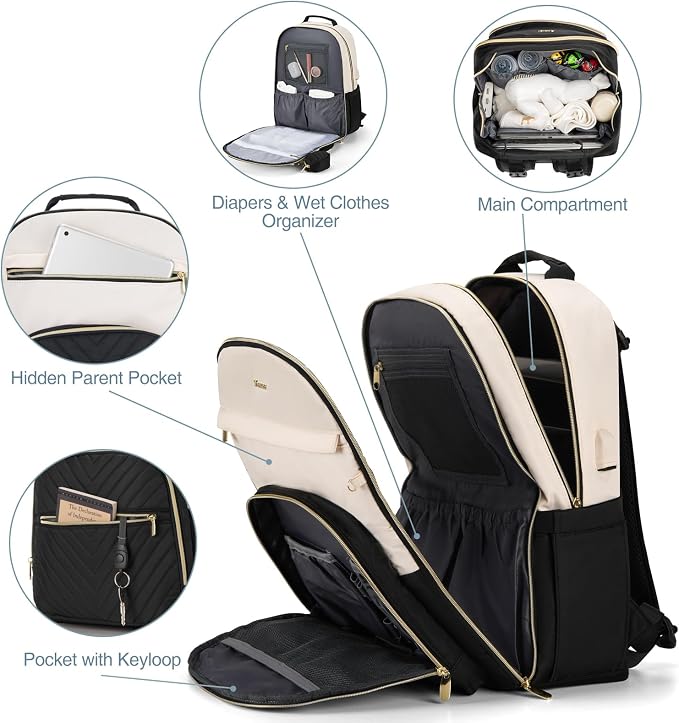 Diaper Bag Backpack, Quilted Baby Bag with Changing Pad & Stroller Straps & Pacifier Case, Multifunction Waterproof Travel Diaper Bags, Unisex, Black Beige - Image 2