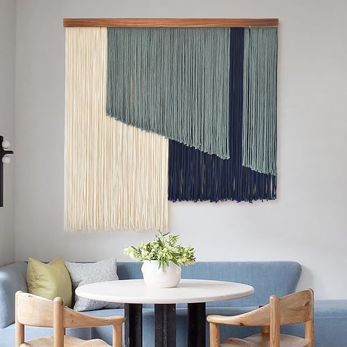 Jakalin Macrame Wall Hanging Boho Yarn Tassel Blue Modern Decor 39"x39" | Hand-dyed navy ombre, Wood dowel, Fringe tassels, Wall decor for living room, bedroom, apartment，Handmade yarn fiber deocr by Jakalin