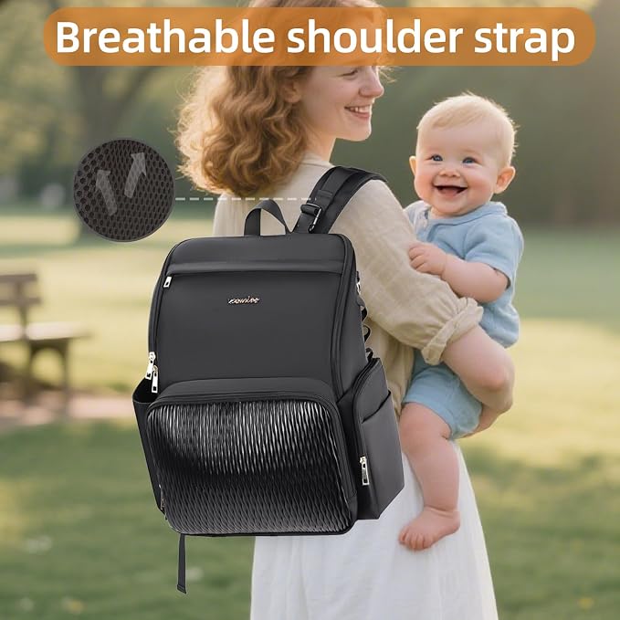 Stylish Baby Diaper Bag, Baby Bag with Changing Pad, Pacifier Case& Stroller Straps, Large Diaper Backpack Boy Girl, Water Resistant Travel Diaper Backpack for Mom Dad - Image 5