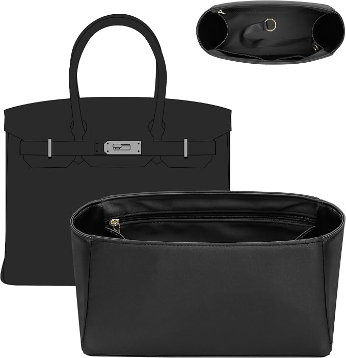 Satin Purse Organizer Insert for Hermes Birkin 35, Black | Satin Birkin 35 Insert, 6 Pockets, Zippered Pocket, Keychain, Lightweight, Scratch Resistant, Keeps Shape, Easy Clean by Doxo