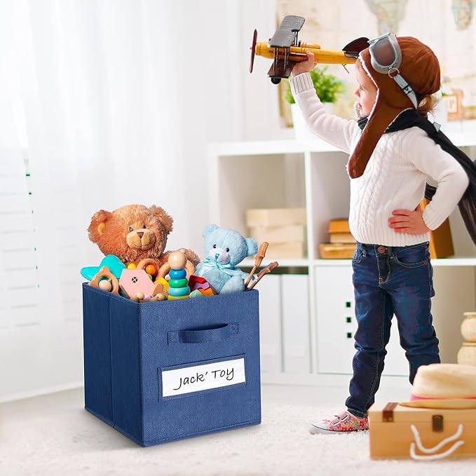 Fabric storage cubes (Set of 8) 11 Inch Cube Storage Bin, Cube storage with 8 Labels Window Cards & a Pen, Foldable cube organizer bins,11x11 Storage bin, Cubby Organizer Boxes, Navy Blue - Image 5