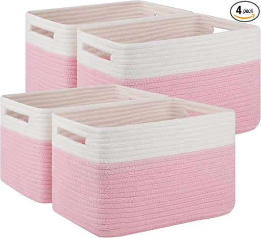 4 Pack Storage Baskets for Organizing, Woven Baskets for Shelves - Perfect for Toys, Books, Towels, and Clothes, Durable Gift Basket Bins Toy Storage, 12.7''Lx9''Wx7.8''H, Pink & White by SIXDOVE