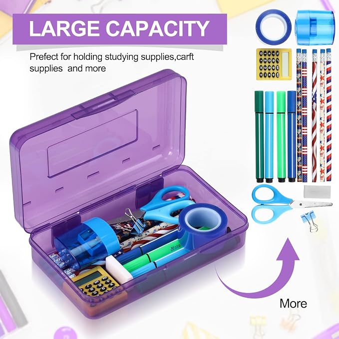 Leelosp 12 Pack Pencil Boxes Bulk, Large Plastic Case,Purple | Stackable Hard Storage Box with Snap Lid for School Classroom, Desk Drawer Organizer, Crayons Markers Kids Supplies - Image 3