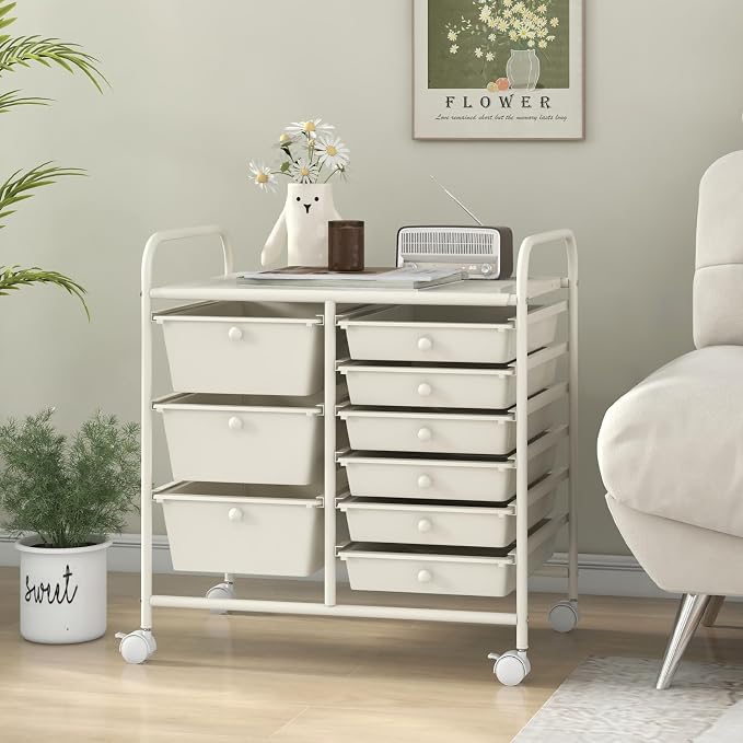 9 Drawer Rolling Storage Cart, Rolling Cart with Drawers for Classroom, Art Supply Craft Organizer on Wheel with Metal Frame & Handles for Home Office School - Image 9