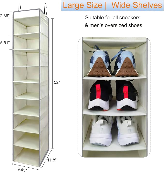 Large-Sized Hanging Shoe Organizer 10-Shelf, Sturdy Hanging Closet Organizer with 8 Side Pockets, Wider Hanging Shelves for Storage Shoes Clothes Jeans Shirts Toys, Beige - Image 3