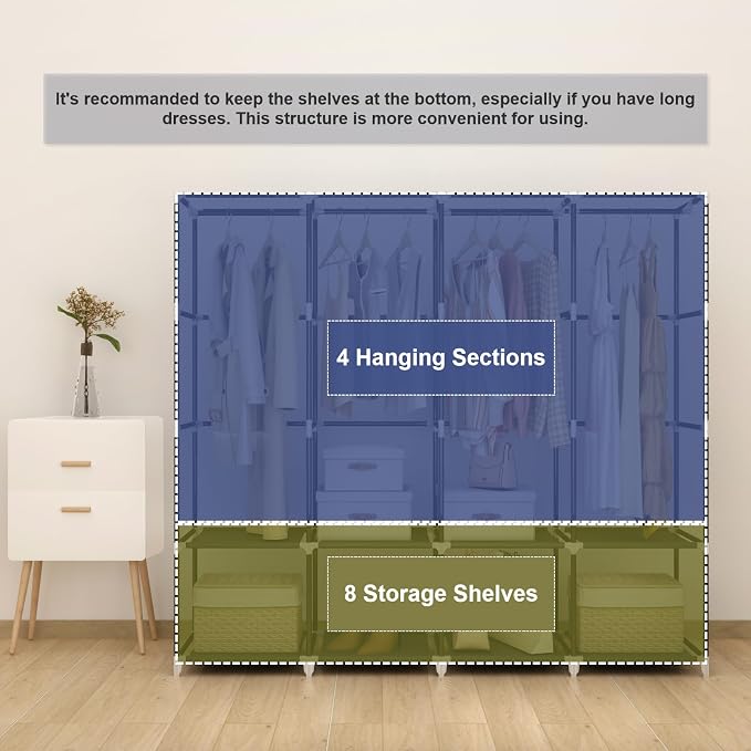 67" Portable Wardrobe Closet for Hanging Clothes, 8 Shelves 4 Rods & Cover | Non-woven Fabric Cover, 4 Clothes Hanging Rods, 8 Storage Shelves, Grey - Image 5