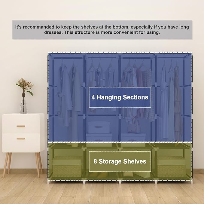 67" Portable Wardrobe Closet for Hanging Clothes Large Capacity for Bedroom | Non-woven Fabric Cover, 4 Clothes Hanging Rods, 8 Storage Shelves, Black - Image 5