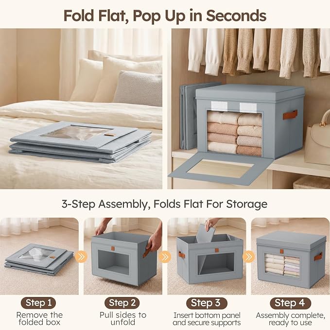Storage Bins with Lids - Front Opening Storage Box with Clear Window & Handles, Stackable Foldable Fabric Bins for Closet Organization, Clothes, Sweaters, Towels, Blankets, 6 Pack, Grey - Image 5