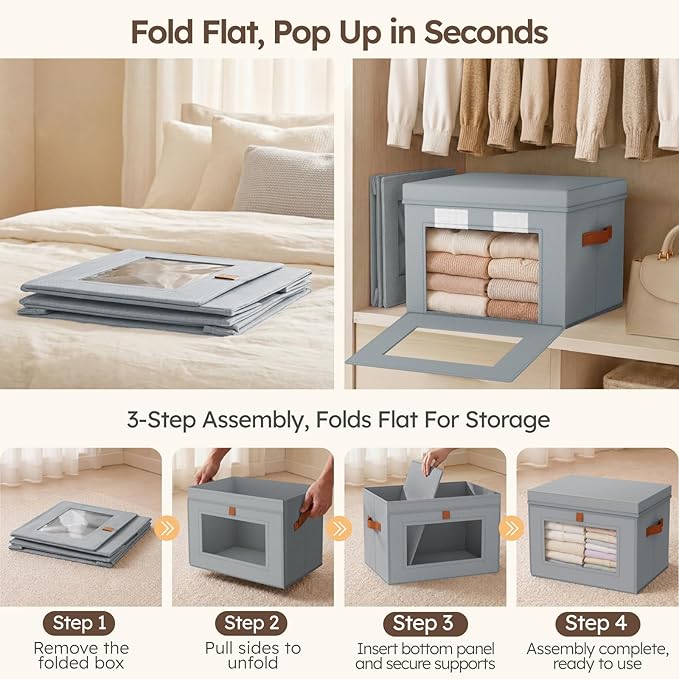 Storage Bins with Lids - Front Opening Storage Box with Clear Window & Handles, Stackable Foldable Fabric Bins for Closet Organization, Clothes, Sweaters, Towels, Blankets, 3 Pack, Grey - Image 4