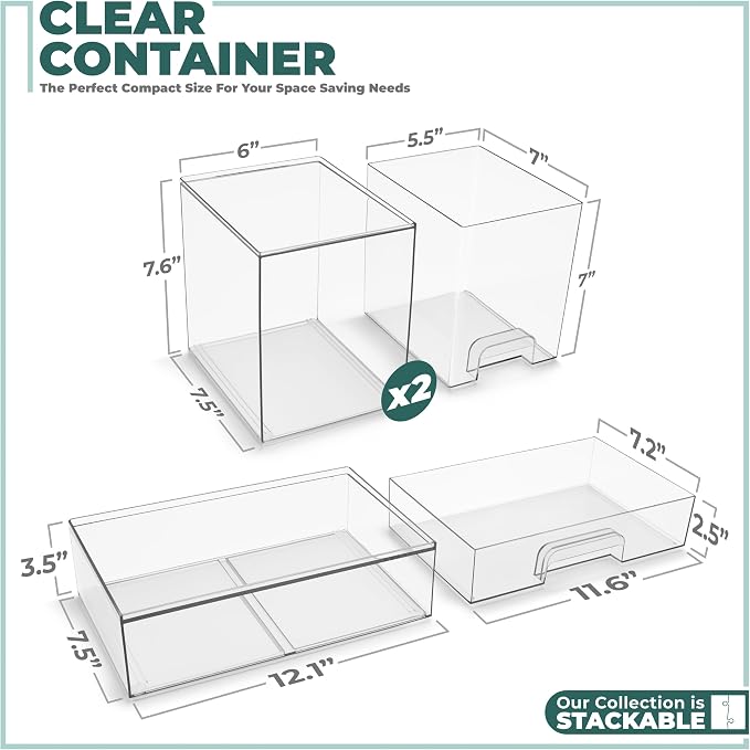 Sorbus Clear Stackable Storage Drawers (3 Pack, 7.6'' Tall and 12.1'' Wide) | Acrylic containers with pull-out bins keep cosmetics, brushes and daily items sorted on bathroom counters or in cabinets. - Image 3